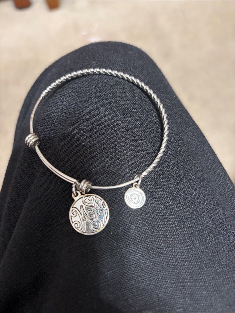 Sterling Silver Twist Bangle Bracelet with Engraved Round Charm